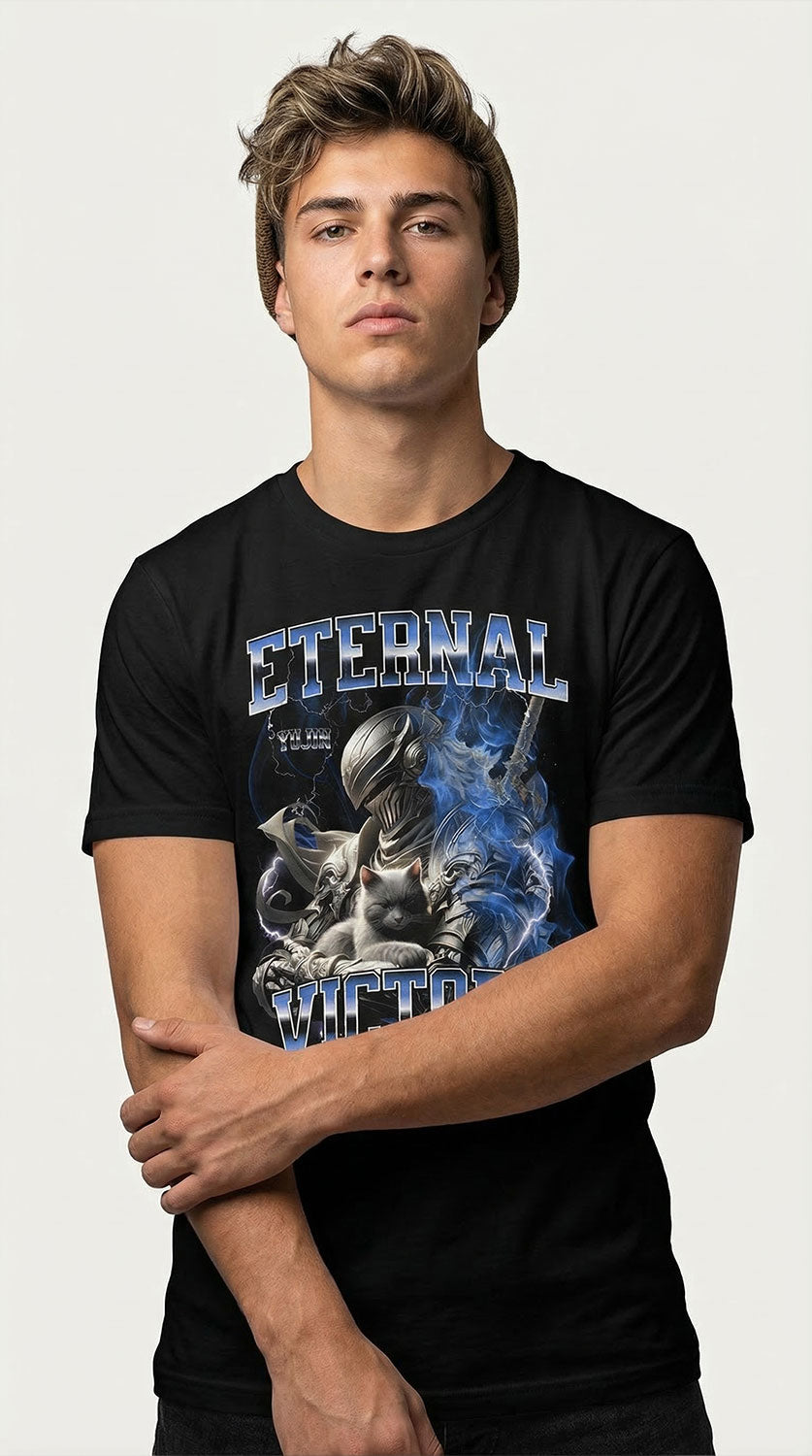 Eternal Victory Cat T-Shirt by Yūjin Clothing featuring a stylish cat graphic on a comfortable casual tee