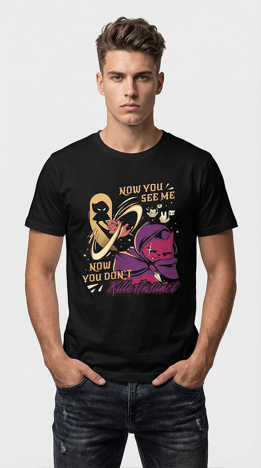 Yūjin Clothing Killer Instinct cat T-Shirt featuring a bold graphic design and comfortable fabric for casual wear.