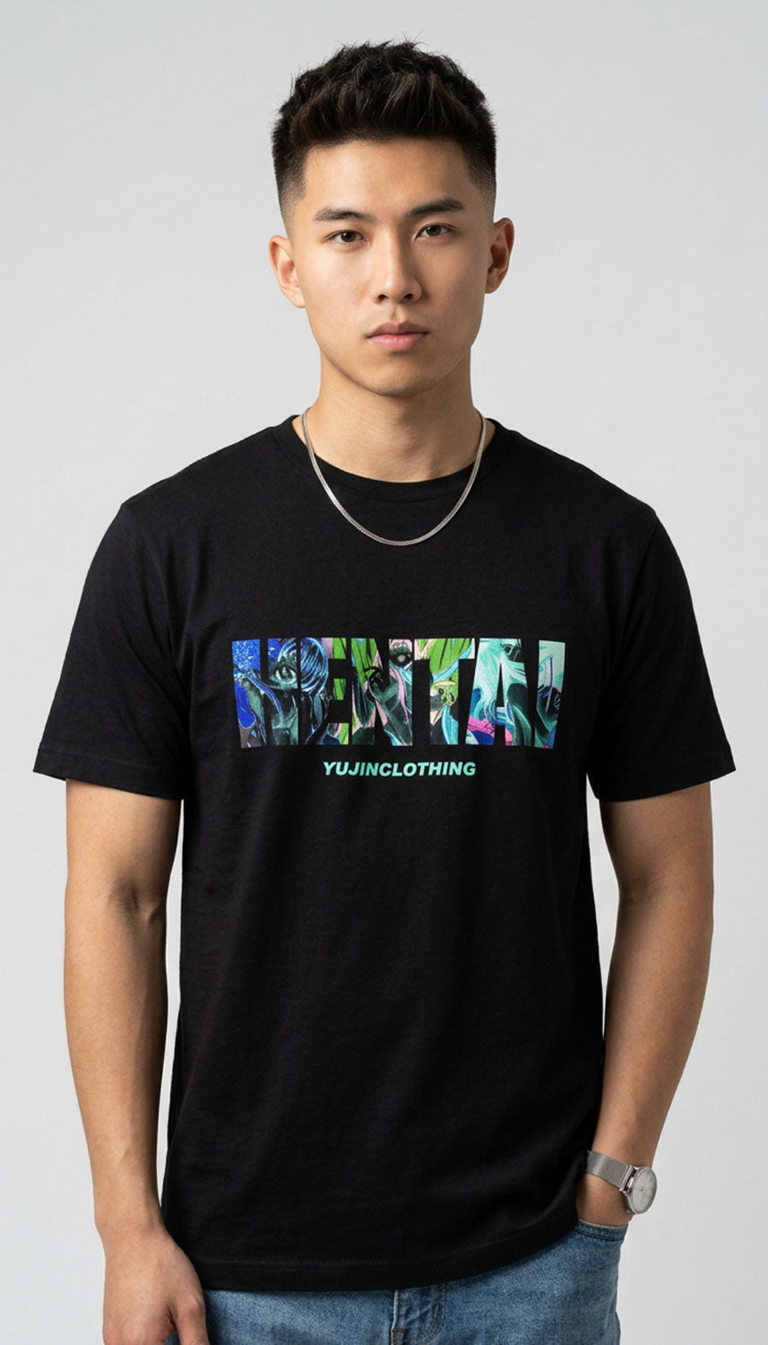 Yūjin Clothing Neo Hentai T-Shirt featuring vibrant graphic print and comfortable cotton fabric, displayed on a white background.