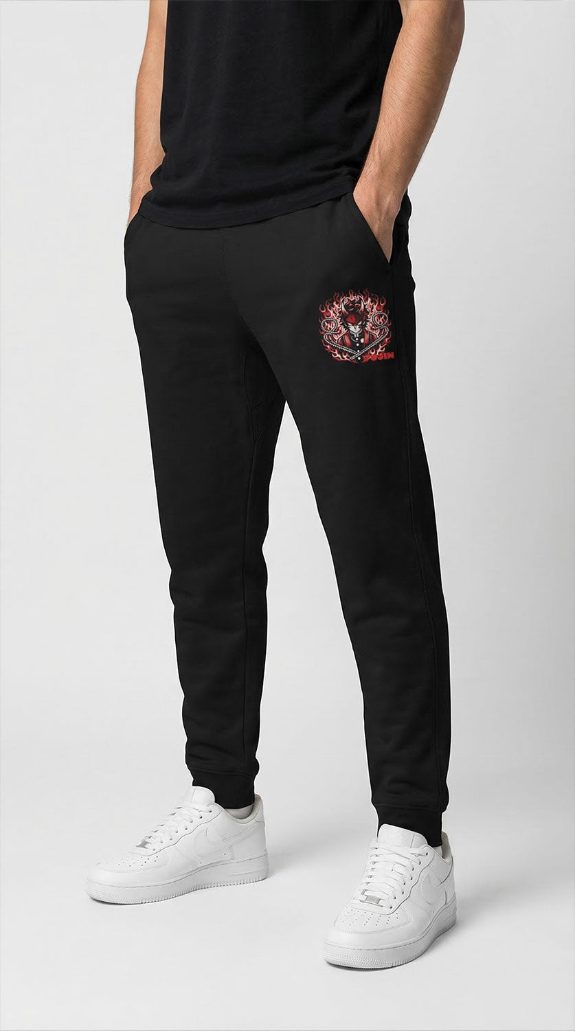 Yūjin Clothing Fire God sweatpants with bold flame graphic, soft fabric, relaxed fit, comfortable for casual wear