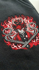 Yūjin Clothing Fire God sweatpants featuring bold flame graphic design and comfortable fit, ideal for casual wear and street style.