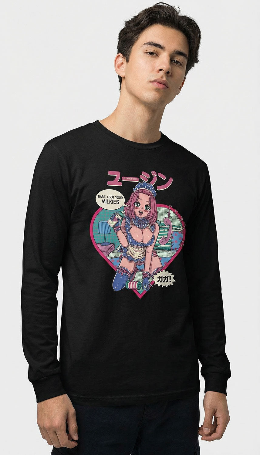 Yūjin Clothing Milkies long sleeve T-shirt featuring a comfortable fit and stylish design, made from soft fabric for everyday wear.