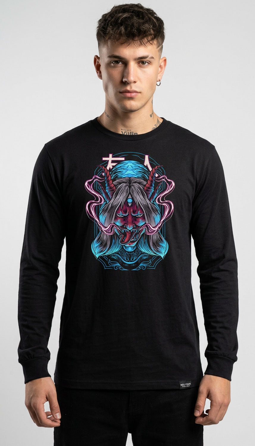 Yūjin Clothing Possessed long sleeve T-shirt with dark graphic design on black fabric, casual streetwear style.