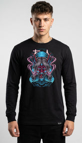 Yūjin Clothing Possessed long sleeve T-shirt with dark graphic design on black fabric, casual streetwear style.