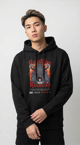 Yūjin Clothing Rebellion Hoodie featuring a comfortable fit and bold design, shown in a close-up of the front fabric and logo detail.