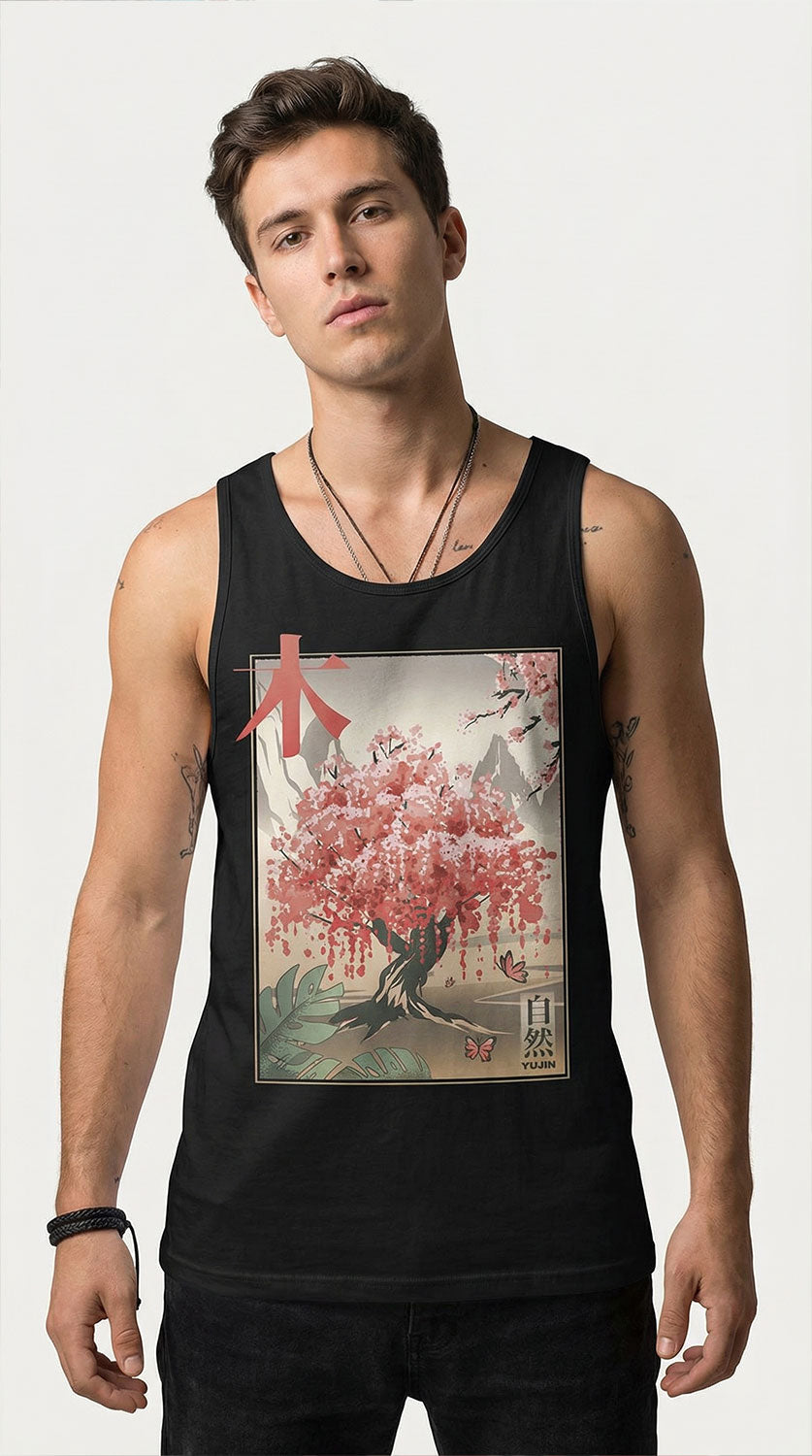 Yūjin Clothing Japanese Tree tank top featuring a detailed tree print on lightweight fabric, casual sleeveless design.