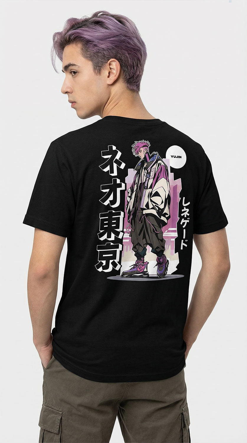 Cyberpunk King T-Shirt by Yūjin Clothing featuring vibrant, futuristic design with bold graphics and comfortable fit.