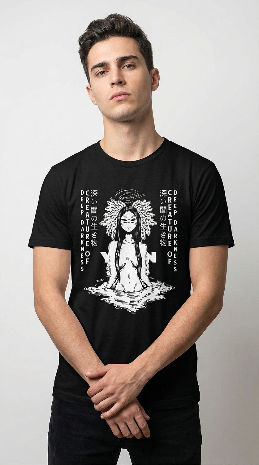 Yūjin Clothing Deep Darkness T-Shirt featuring a black fabric with a minimalist design and comfortable fit.