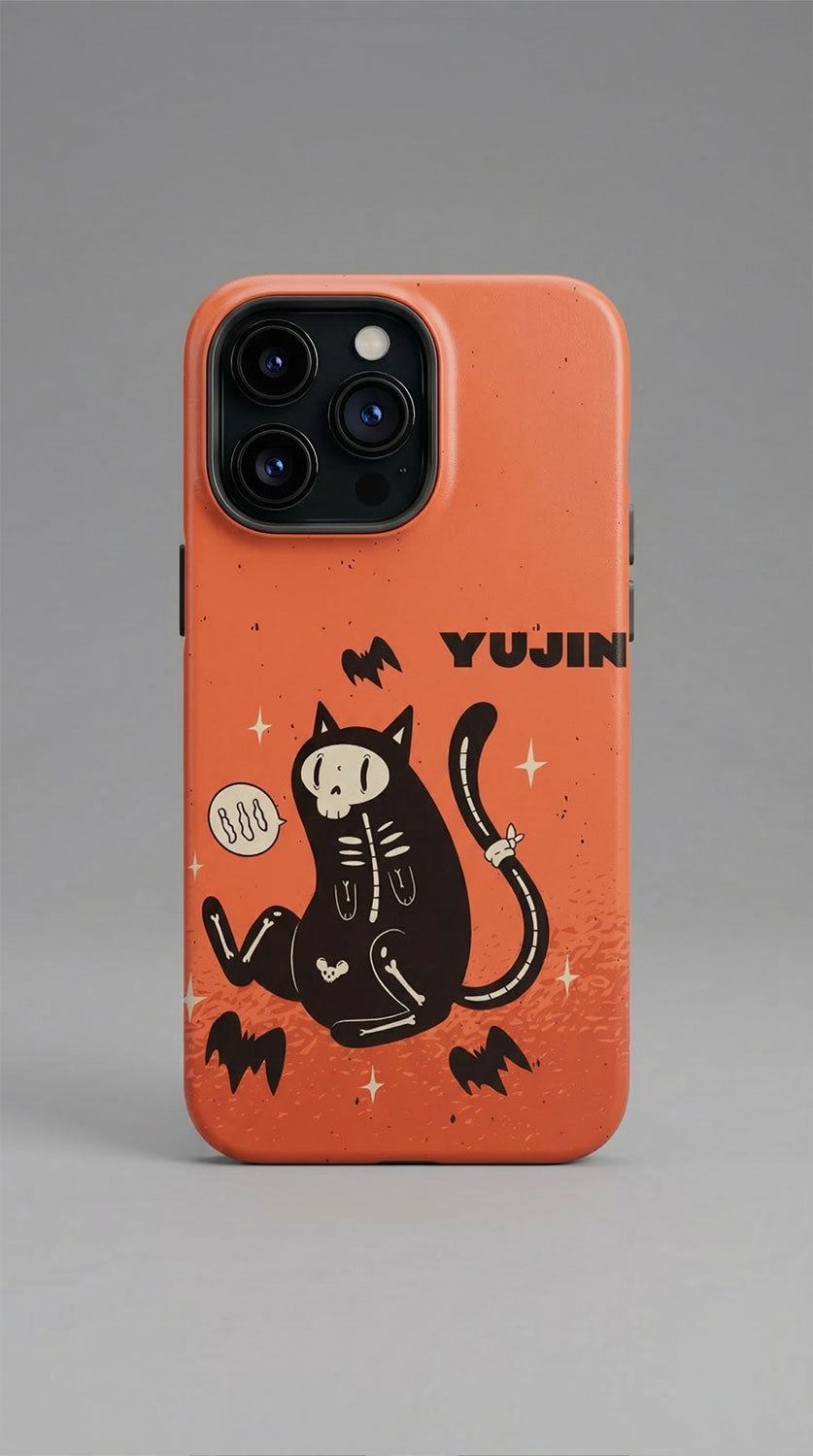 Black ghost-themed iPhone tough case by Yūjin Clothing featuring spooky Halloween design for durable protection.