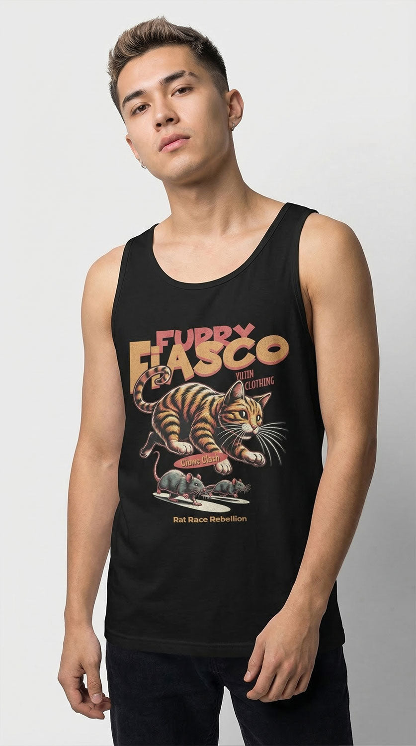 Yūjin Clothing Furry Fiasco Cat Tank Top featuring a playful furry cat design on a casual tank top for women.