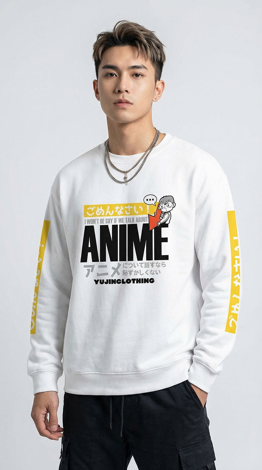 Anime Talk sweatshirt by Yūjin Clothing featuring a vibrant anime graphic on soft, comfortable fabric perfect for casual wear.