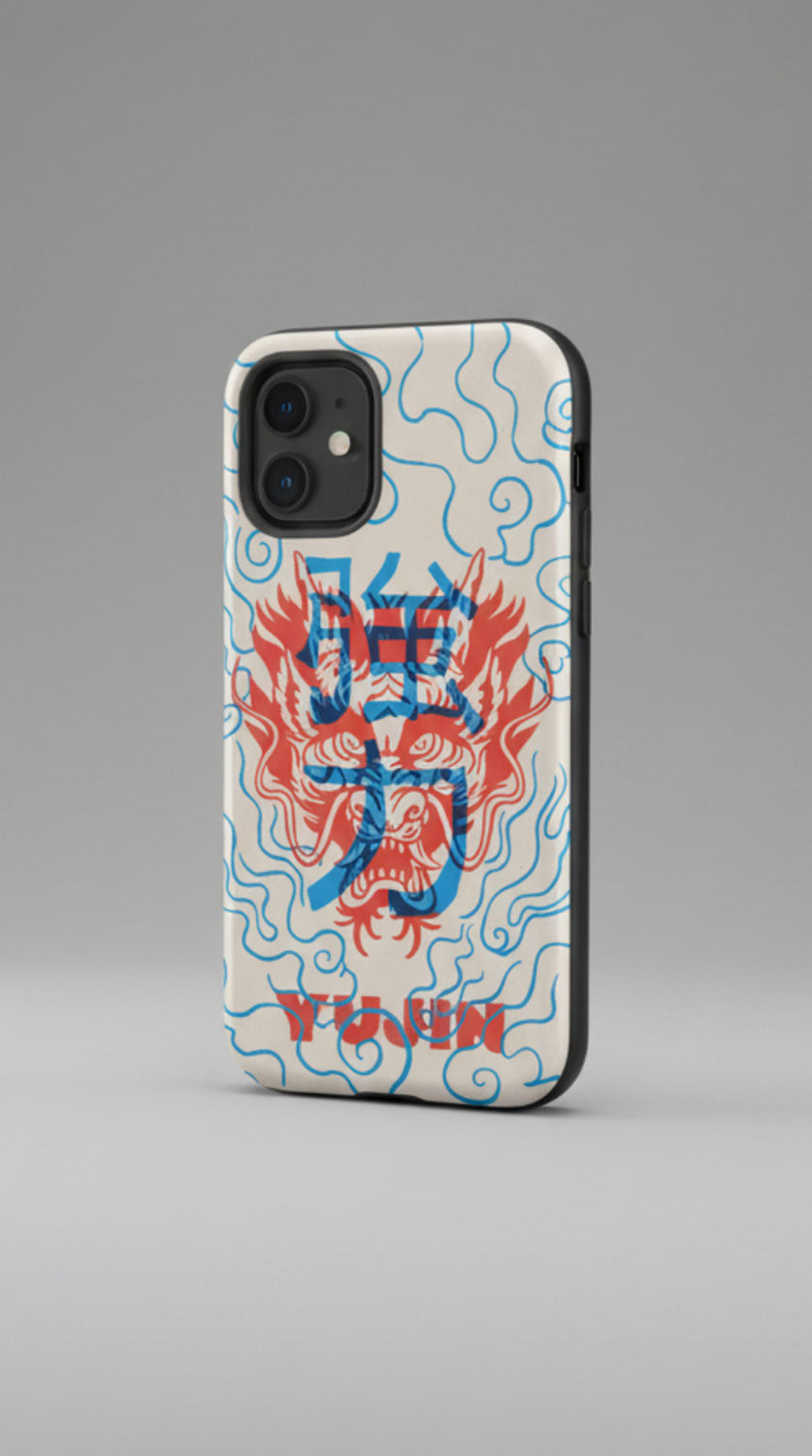 Dragon Vibe Tough iPhone Case by Yūjin Clothing featuring a vibrant dragon design for durable phone protection.