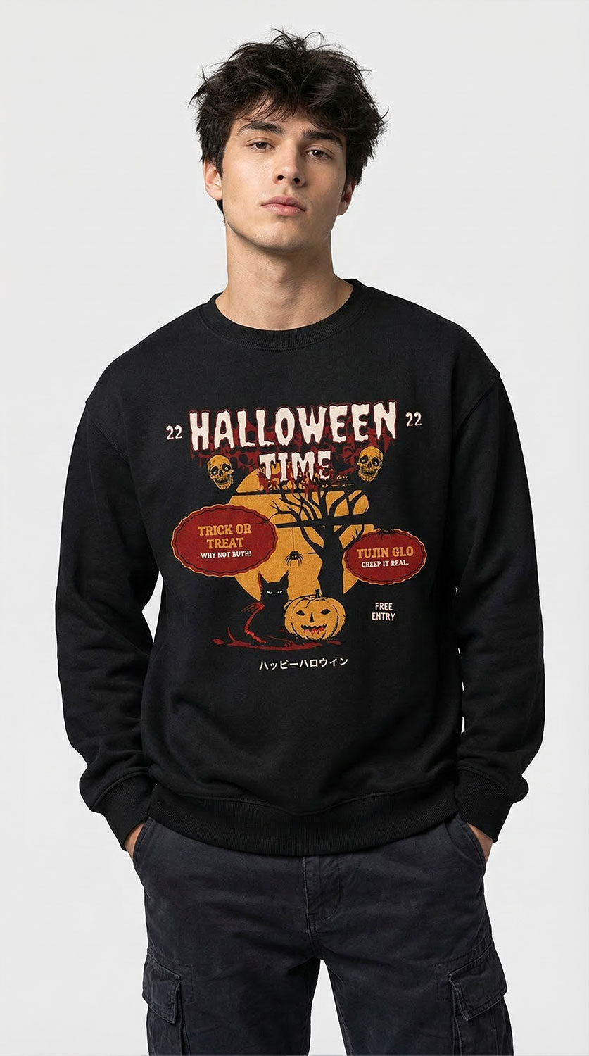 Yūjin Clothing Halloween Time sweatshirt featuring festive Halloween-themed design, cozy fit, and soft fabric.