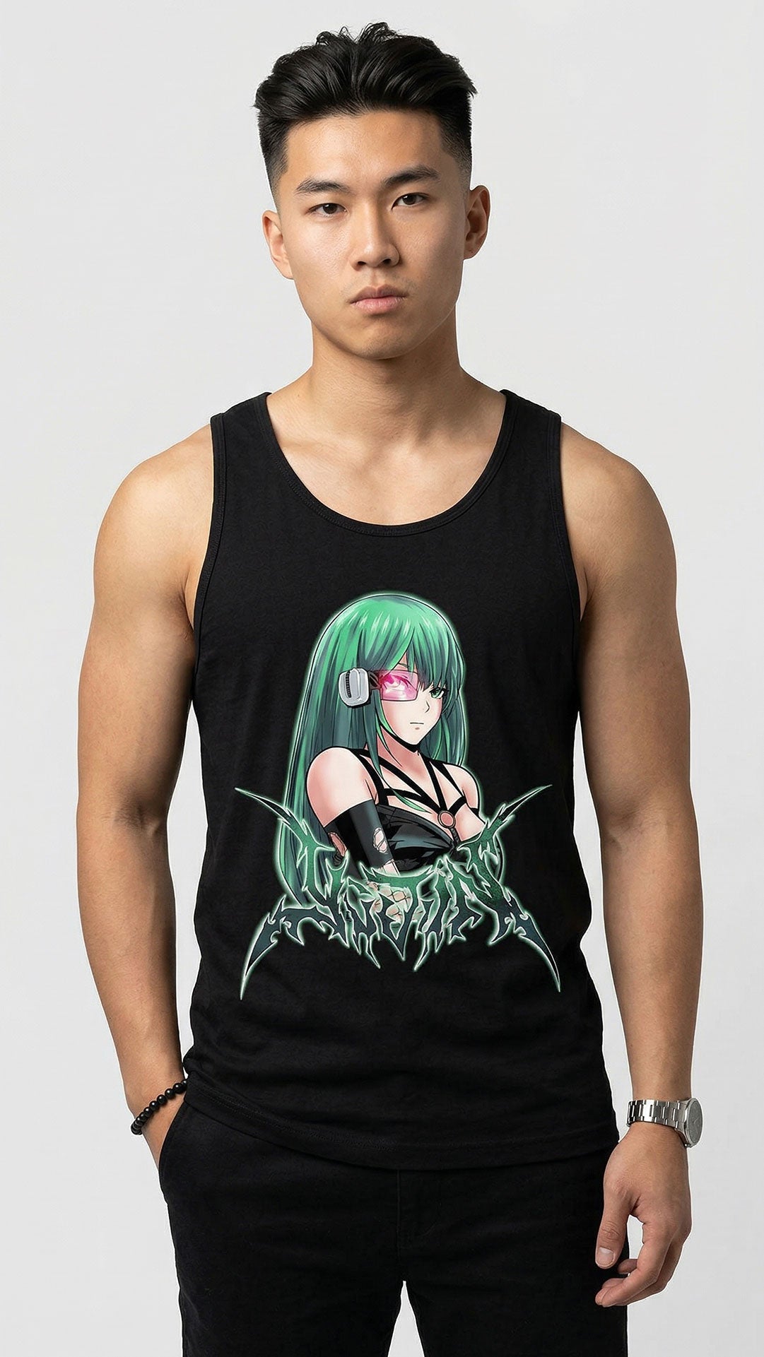 Yūjin Clothing Power Level tank top featuring a black sleeveless design with bold white graphic, ideal for casual or athletic wear.