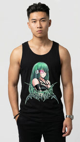 Yūjin Clothing Power Level tank top featuring a black sleeveless design with bold white graphic, ideal for casual or athletic wear.