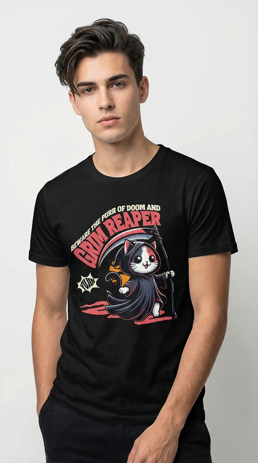 Yūjin Clothing Grim Reaper cat T-shirt featuring a black cat with a scythe design on front, casual gothic style.