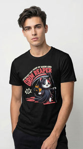 Yūjin Clothing Grim Reaper cat T-shirt featuring a black cat with a scythe design on front, casual gothic style.