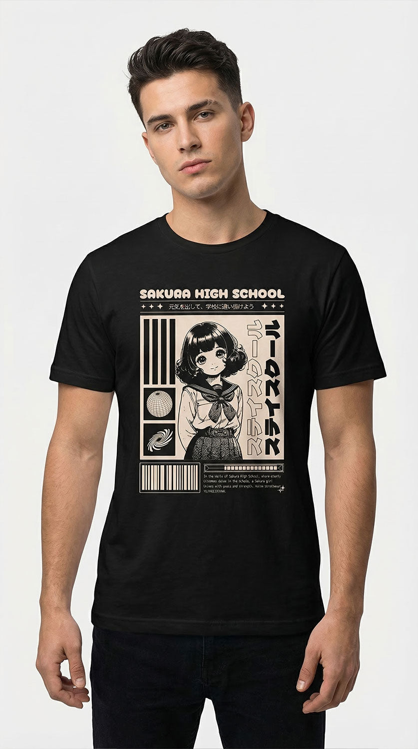 High school girl T-shirt by Yūjin Clothing featuring a casual fit and graphic design, ideal for everyday wear.