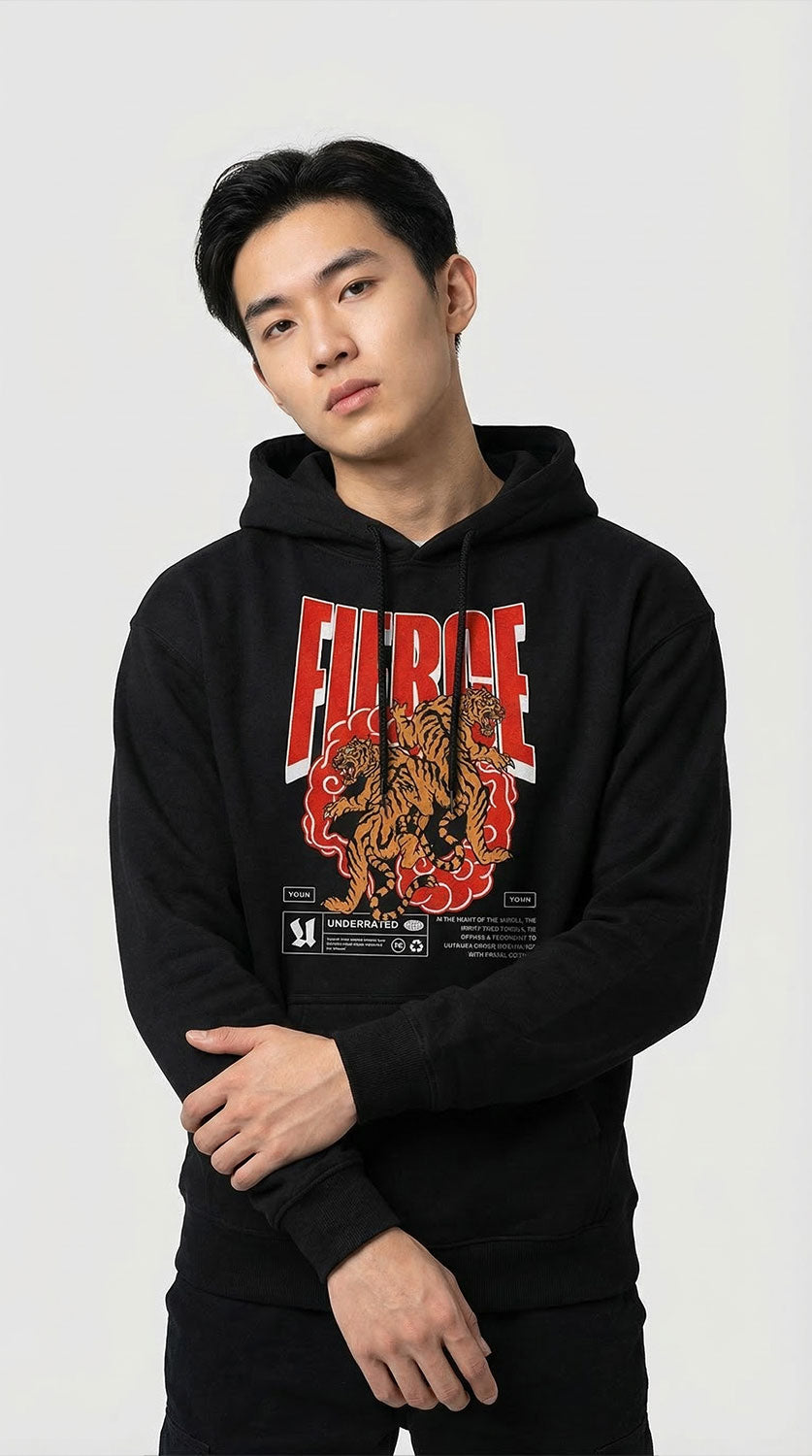 Yūjin Clothing Fierce Tiger hoodie featuring a bold tiger graphic design, soft fabric, and comfortable fit for casual wear.