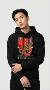 Yūjin Clothing Fierce Tiger hoodie featuring a bold tiger graphic design, soft fabric, and comfortable fit for casual wear.