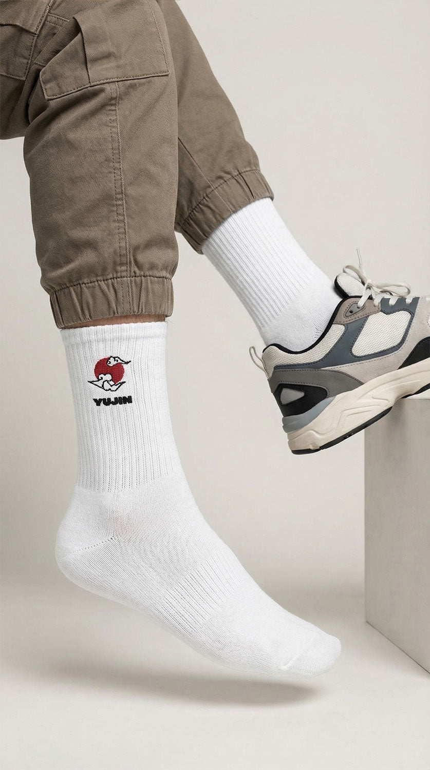 Yūjin Clothing Japanese Clouds socks featuring a navy background with white cloud patterns, comfortable cotton material, ankle-length design.