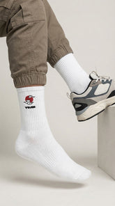 Yūjin Clothing Japanese Clouds socks featuring a navy background with white cloud patterns, comfortable cotton material, ankle-length design.