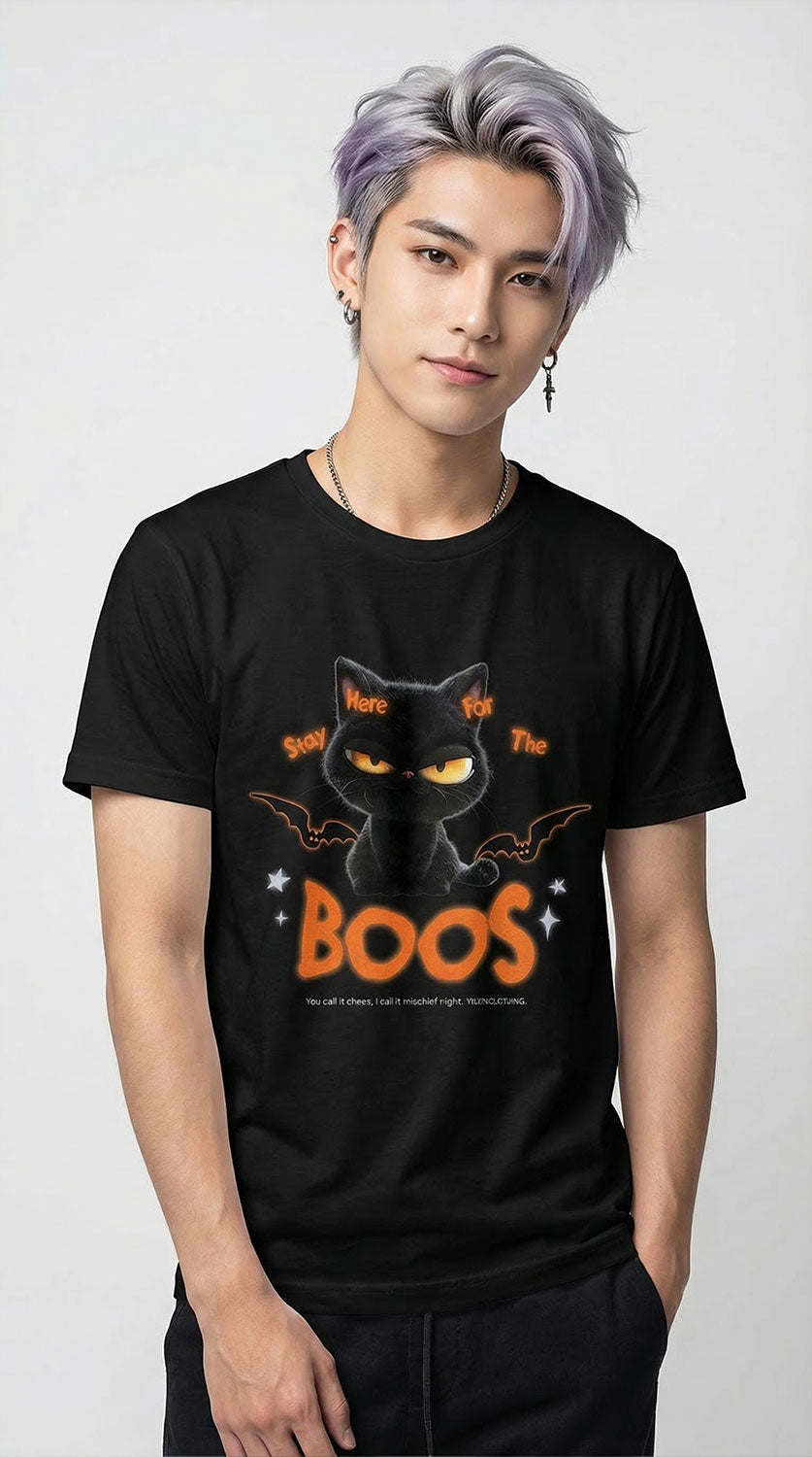 Yūjin Clothing Here For The Boos T-Shirt with ghost graphic, soft cotton fabric, and casual fit, perfect for spooky season style.