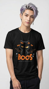 Yūjin Clothing Here For The Boos T-Shirt with ghost graphic, soft cotton fabric, and casual fit, perfect for spooky season style.
