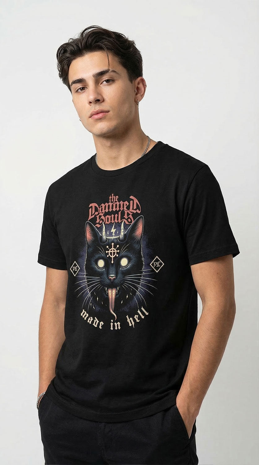 Yūjin Clothing Damned Souls Cat T-Shirt featuring a graphic print of a dark-themed cat design on a black T-shirt.