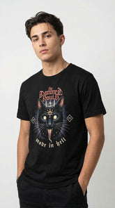 Yūjin Clothing Damned Souls Cat T-Shirt featuring a graphic print of a dark-themed cat design on a black T-shirt.