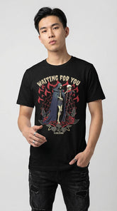 Black Grim Reaper T-Shirt by Yūjin Clothing featuring a detailed reaper graphic on soft cotton fabric.