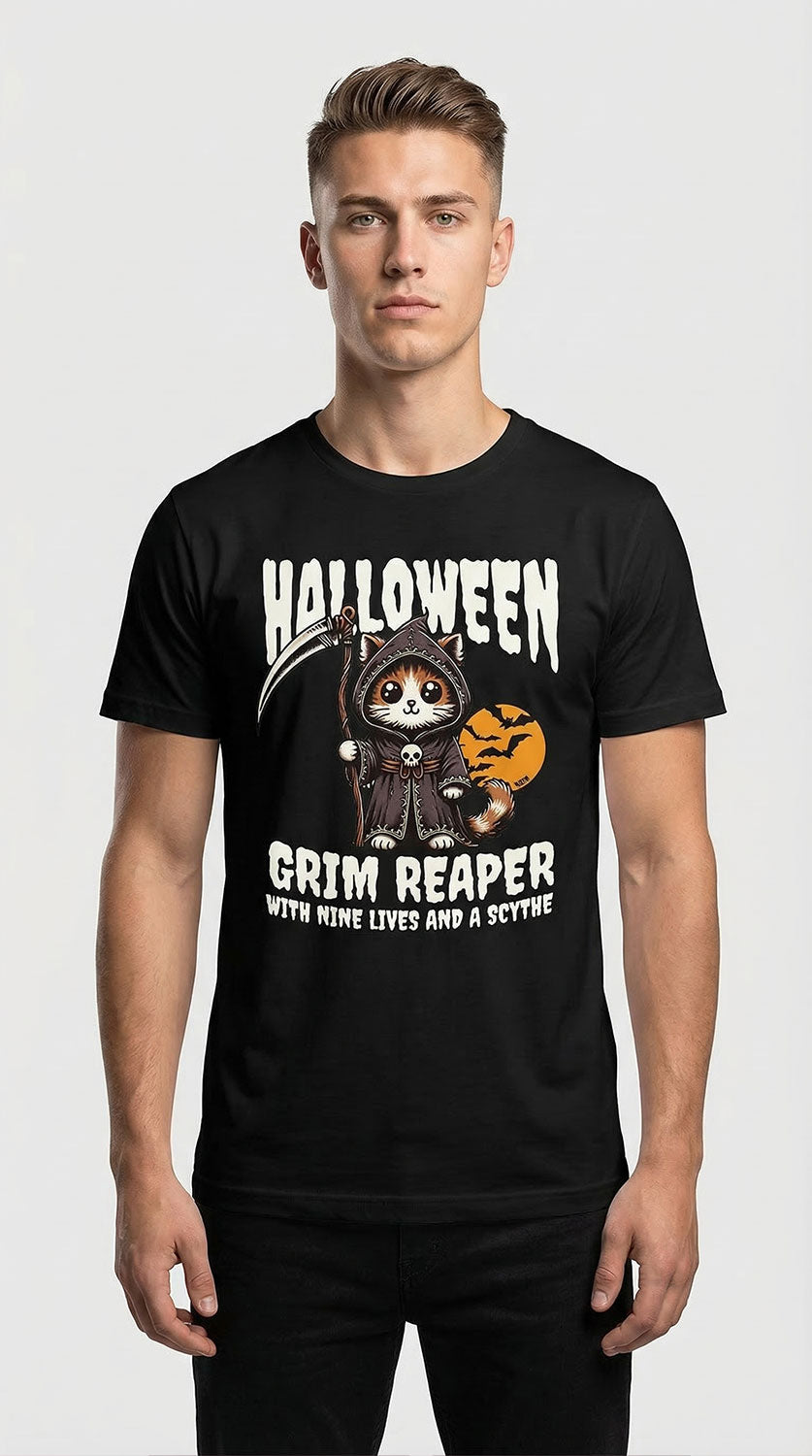 Yūjin Clothing Grim Reaper Halloween Cat T-shirt featuring a spooky cat graphic and dark, Halloween-themed design.