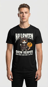 Yūjin Clothing Grim Reaper Halloween Cat T-shirt featuring a spooky cat graphic and dark, Halloween-themed design.