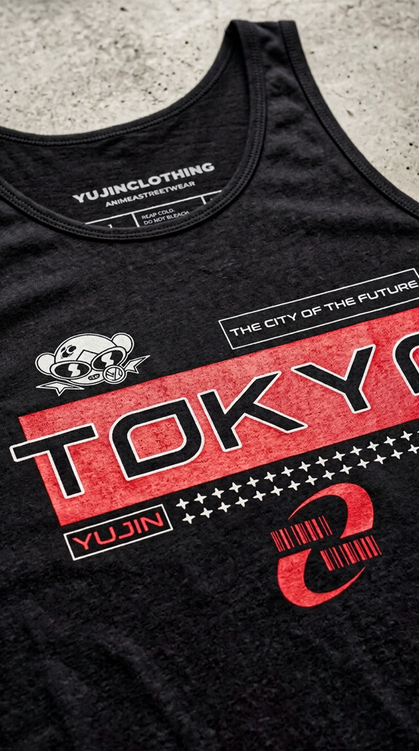 Yūjin Clothing Modern Tokyo tank top displayed on a mannequin, featuring a sleek, minimalist design and comfortable fabric.