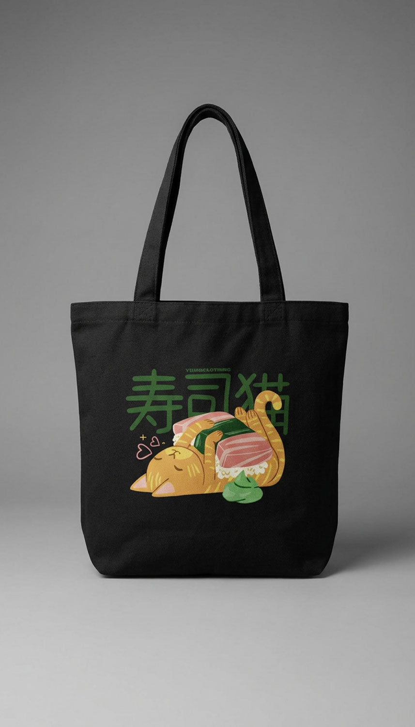 Cute Sushi Cat eco tote bag from Yūjin Clothing featuring a playful sushi cat design on durable canvas.