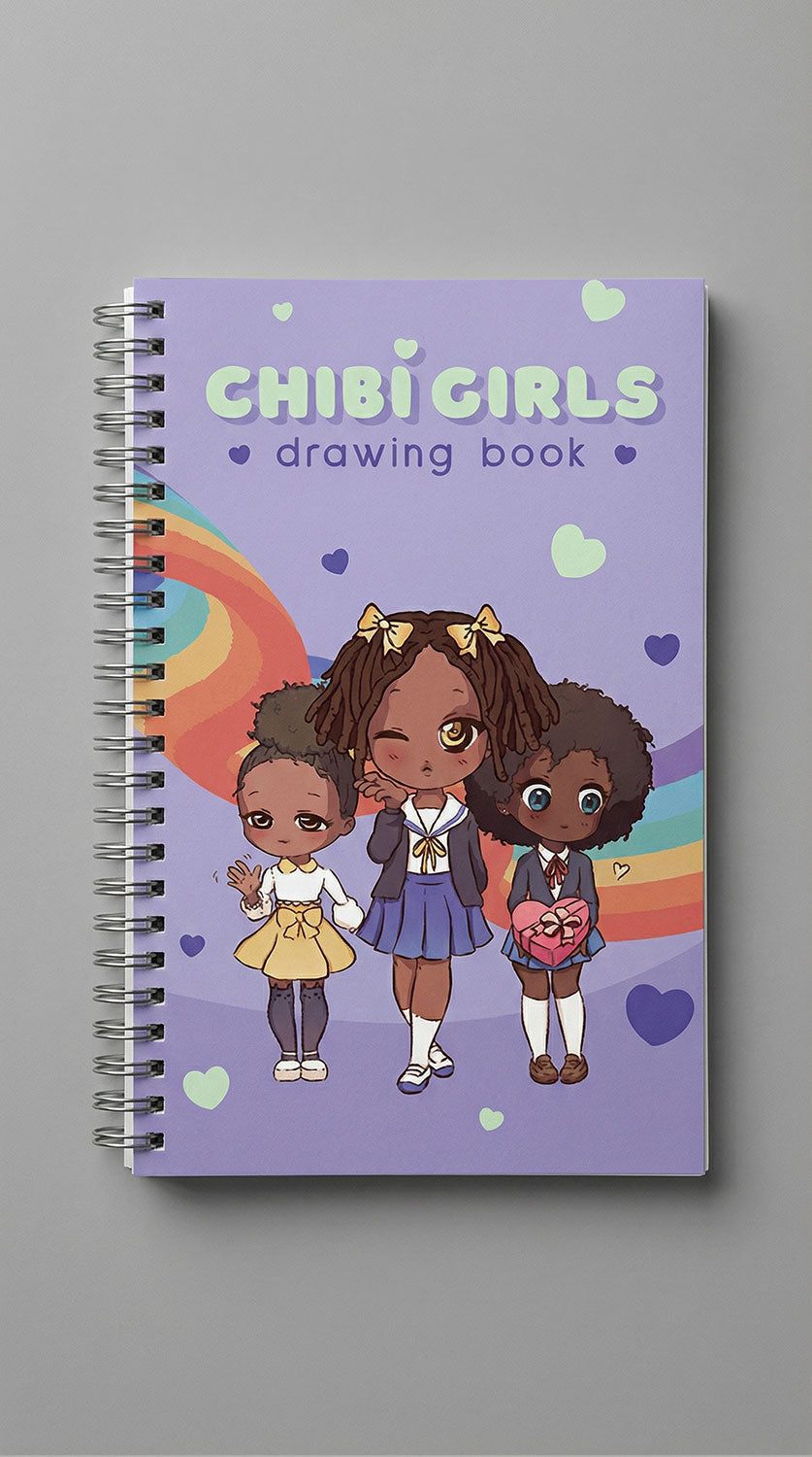 Yūjin Clothing Chibi Girls notebook with colorful cover featuring cute chibi girl illustration, ideal for notes and sketches.