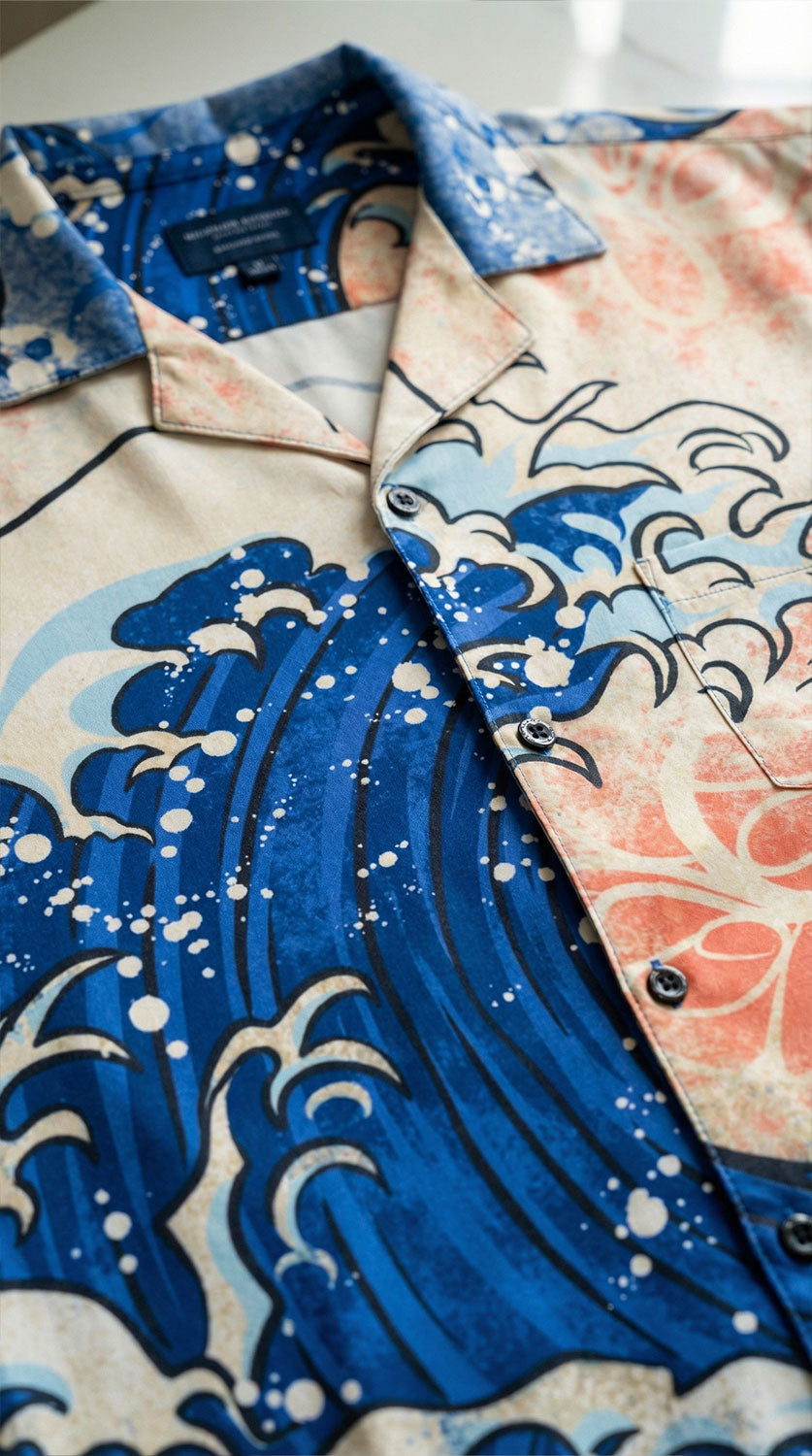 Yūjin Clothing Japanese Wave T-Shirt featuring a traditional blue wave print on soft fabric, casual and stylish for everyday wear.