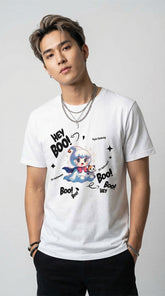 White ghost graphic T-shirt by Yūjin Clothing featuring a cute ghost design on soft fabric casual wear.
