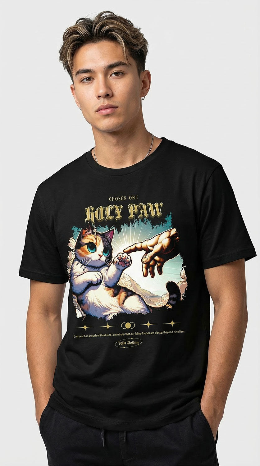 Yūjin Clothing Holy Paw T-Shirt featuring a graphic print of a holy paw design on a casual black T-shirt.