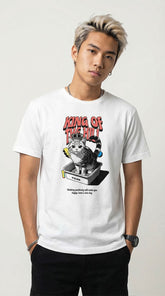 Yūjin Clothing King Of The Hill cat T-Shirt featuring a colorful cartoon cat graphic on soft fabric, casual streetwear style.