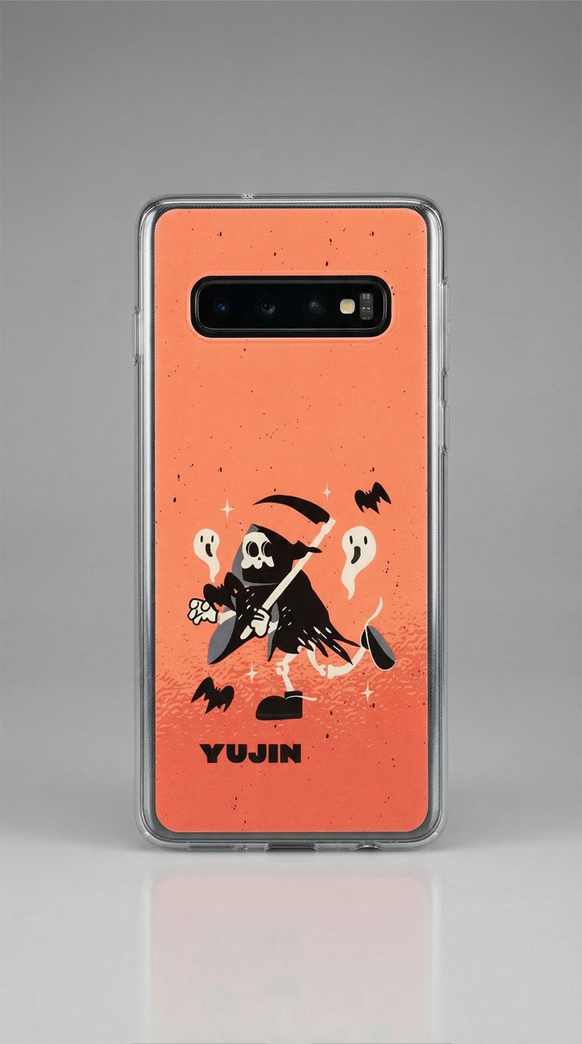 Yūjin Clothing Halloween Grim Reaper Samsung phone case with spooky reaper design and dark, detailed artwork.