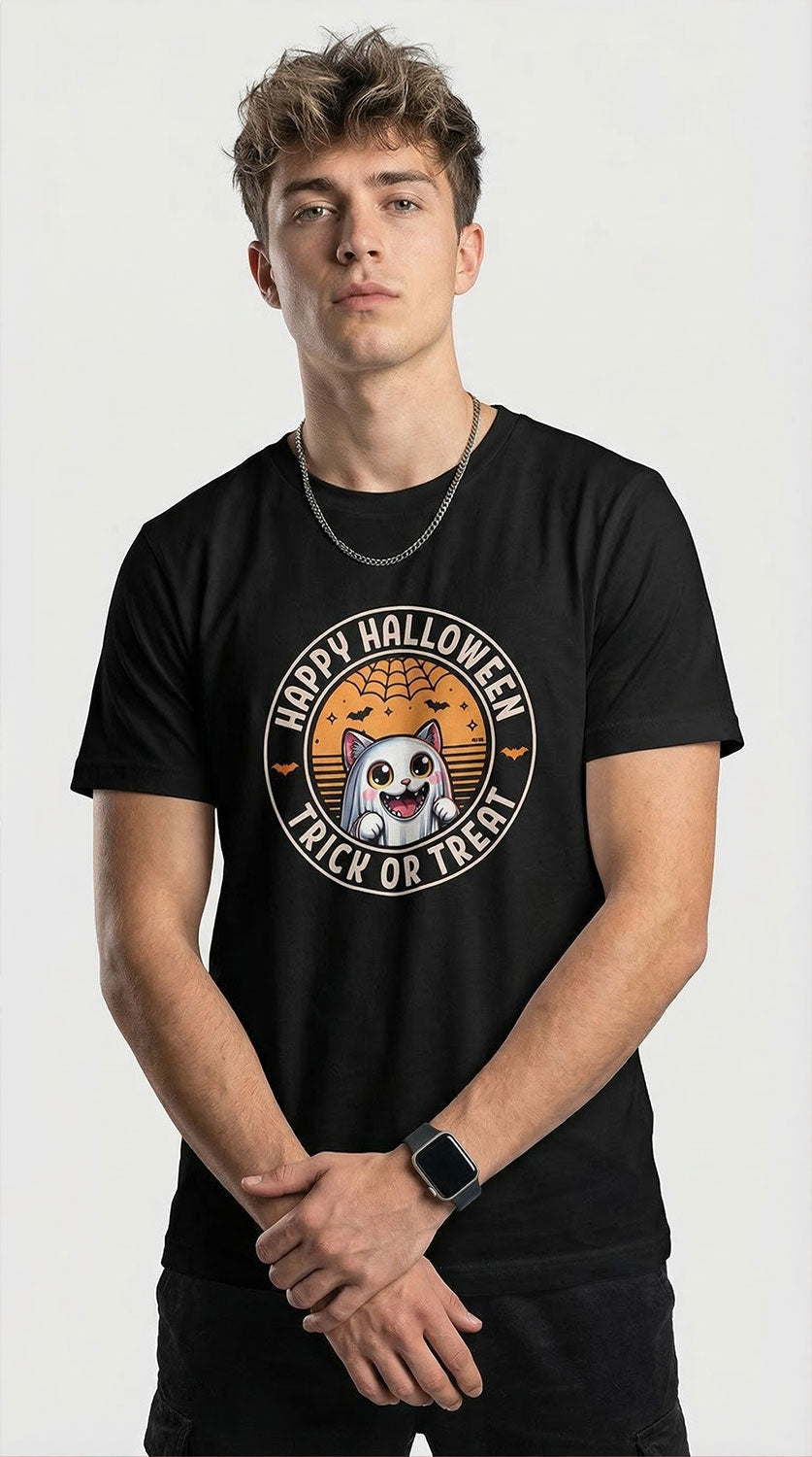 Yellow Happy Halloween T-Shirt by Yūjin Clothing featuring festive Halloween-themed design and comfortable cotton fabric.