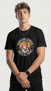 Yellow Happy Halloween T-Shirt by Yūjin Clothing featuring festive Halloween-themed design and comfortable cotton fabric.