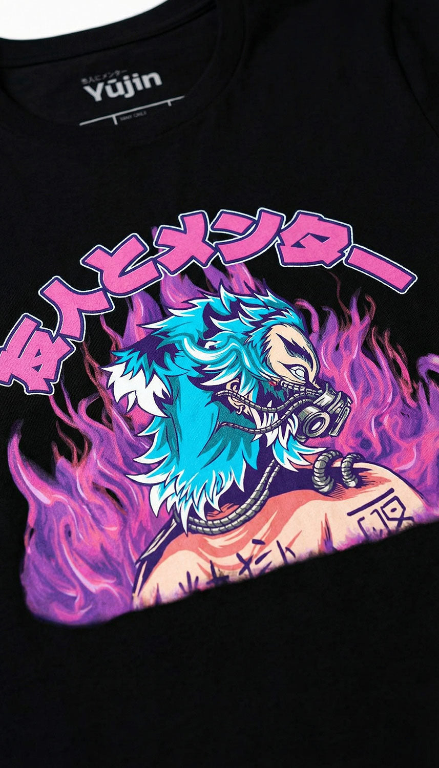 Yūjin Clothing Flames T-Shirt featuring a bold flame graphic design on black fabric, casual crew neck style.