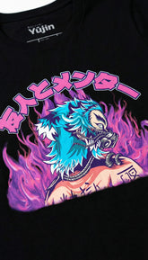 Yūjin Clothing Flames T-Shirt featuring a bold flame graphic design on black fabric, casual crew neck style.