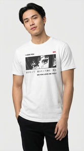 White I Love You T-Shirt by Yūjin Clothing featuring bold lettering on the front, casual fit, and soft fabric.