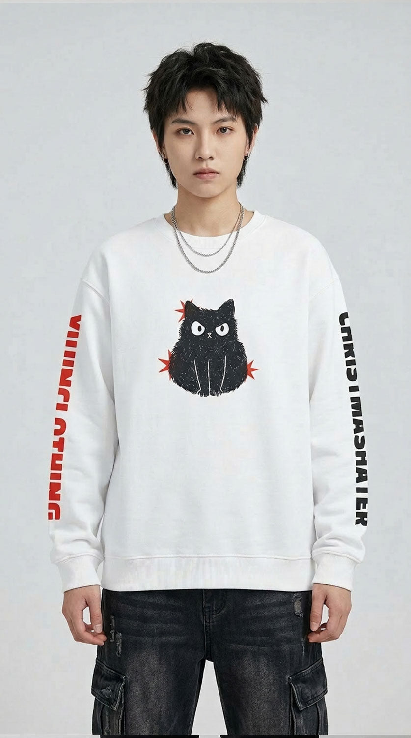 Yūjin Clothing Christmas Hater Cat sweatshirt featuring a cozy, festive design with a cat graphic on the front.