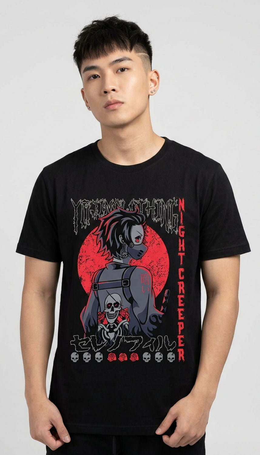 Black Night Creeper T-Shirt by Yūjin Clothing featuring a detailed night-themed graphic on soft cotton fabric.
