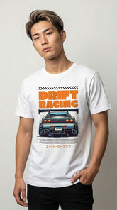 Yūjin Clothing Drift Racing Car T-Shirt featuring a bold graphic of a drifting race car on a black fabric background.