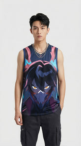 Yūjin Clothing full power recycled basketball jersey tank top displayed with bold team logo and athletic fit on a mannequin.